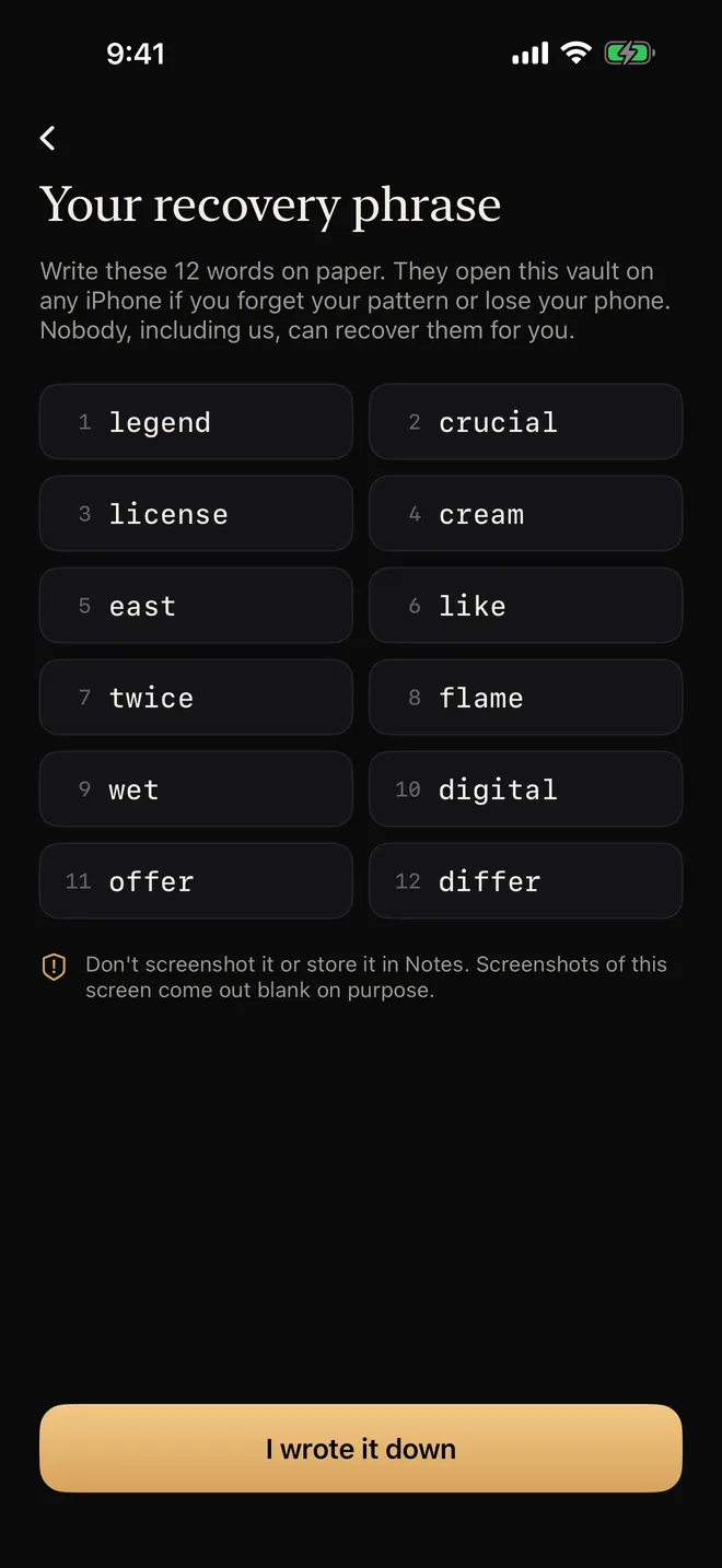 A 12-word recovery phrase screen